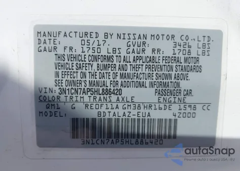 2017 Nissan Versa 1.6 S+ from USA, damaged, VIN 3N1CN7AP5HL886420